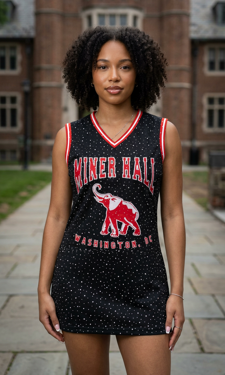 Woman wearing a black and red 'Miner Hall' dress with an elephant logo in front of a brick building.