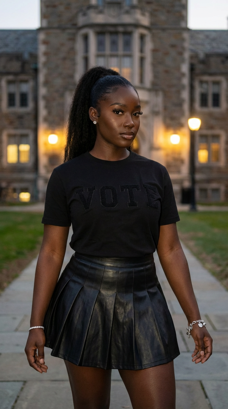 Person wearing a black 'VOTE' t-shirt and leather skirt in front of a building.