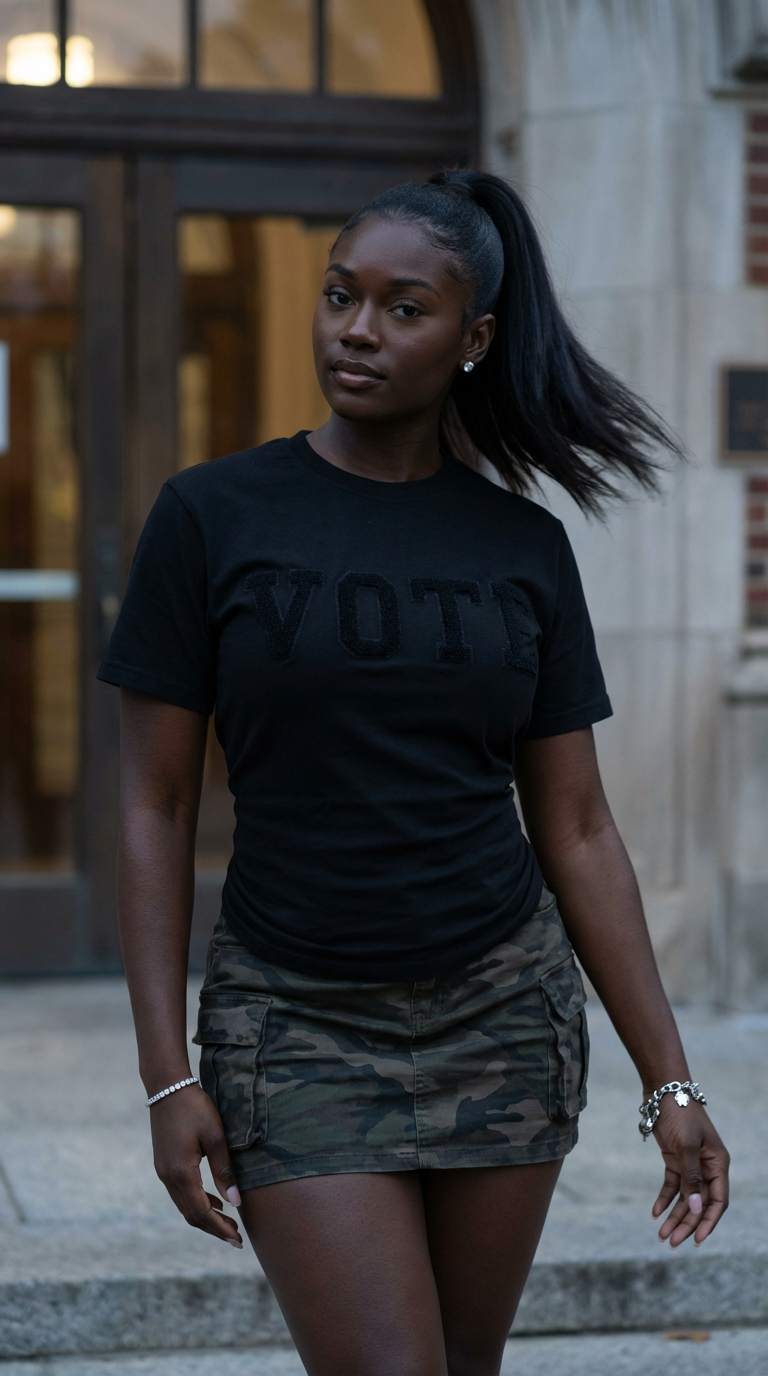 Person wearing a black 'VOTE' t-shirt and leather skirt in front of a building.