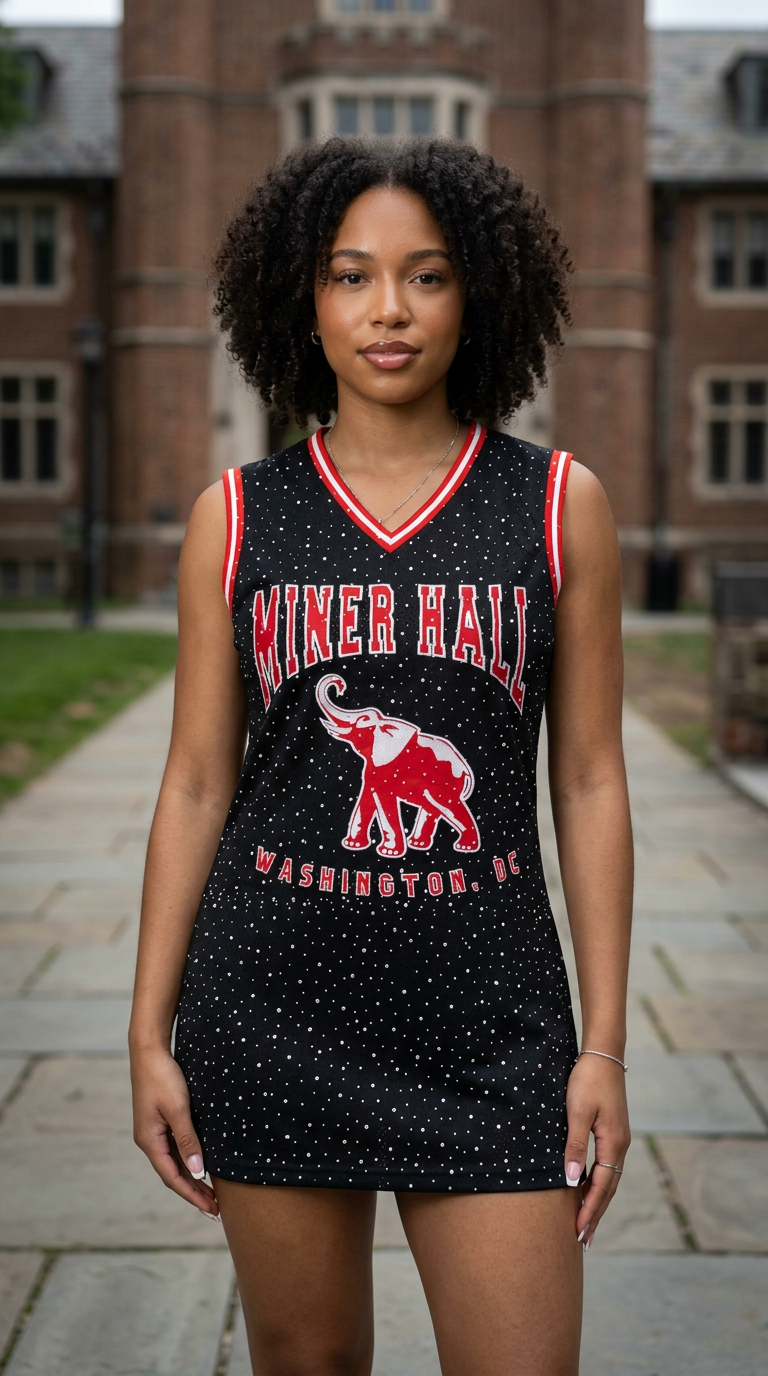Woman wearing a black and red 'Miner Hall' dress with an elephant logo in front of a brick building.