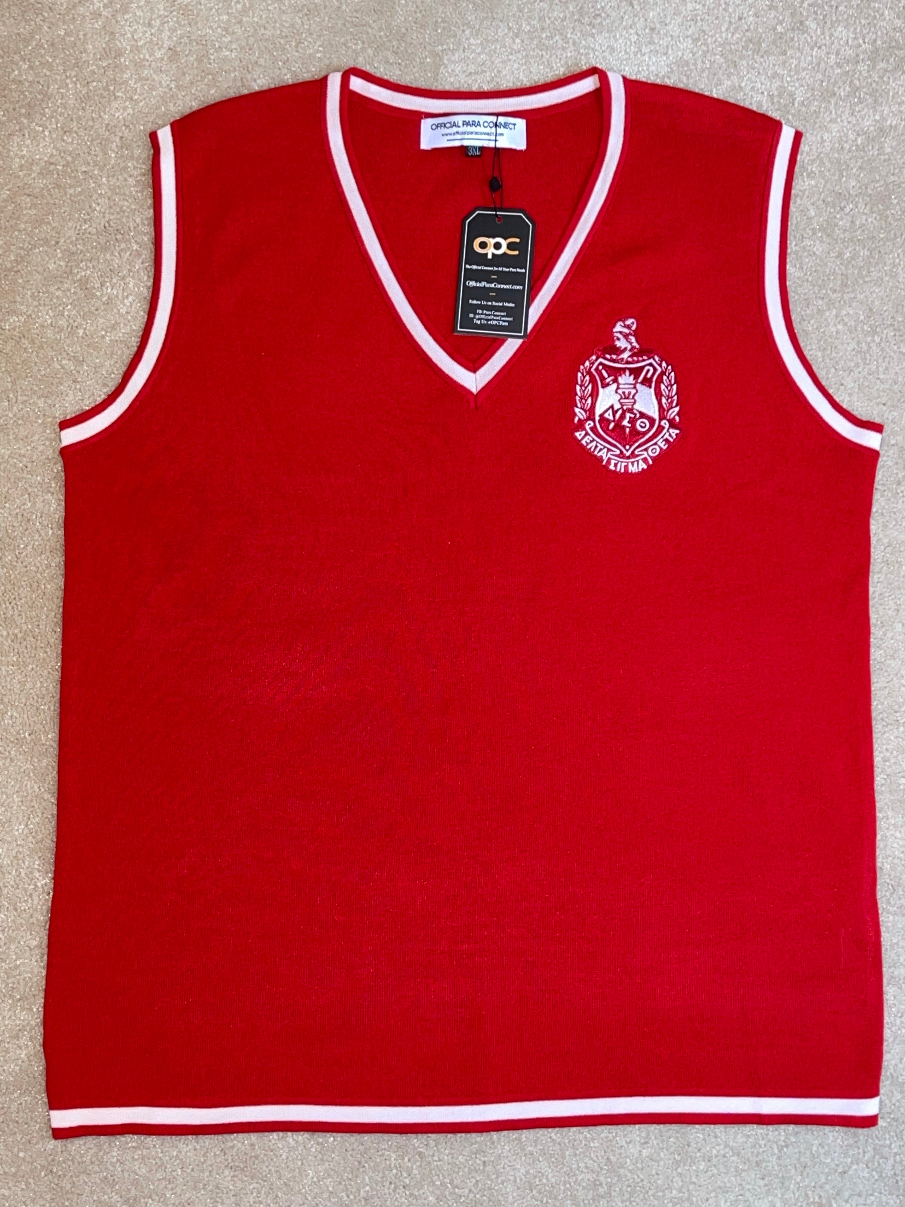 A red and white v-neck sleeveless vest with a white stripe along the neck and bottom hem, featuring a logo on the chest.
